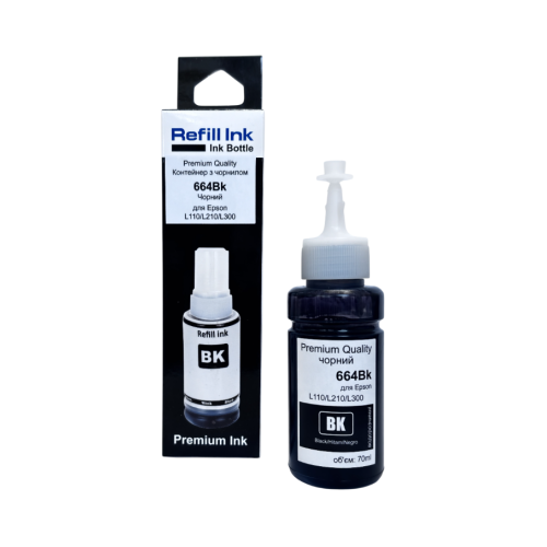 Контейнер з чорнилом Premium Quality для Epson L100/L110/L120/L121/L130/L1300 /L132/L200/L210/L220/L222/L300/L3050/ L3060/L3070/L312/L350/ L355/L362/L364 /L365/L366/L382/L386/L455/L456/ L486 /L550/L555/L566 664 70мл Black C13T66414A
