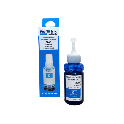 Контейнер з чорнилом Premium Quality для Epson L100/ L110/L120/L121/L130/L1300 /L132/L200/L210/L220/L222/L300/L3050/ L3060/L3070/L312/L350/ L355/L362/L364 /L365/L366/L382/L386/L455/L456/ L486 /L550/L555/L566 664 70мл Cyan C13T66424A
