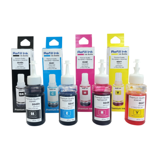 Набір контейнерів з чорнилом Premium Quality для Epson L100/ L110/L120/L121/L130/L1300 /L132/L200/L210/L220/L222/L300/L3050/ L3060/L3070/L312/L350/ L355/L362/L364 /L365/L366/L382/L386/L455/L456/ L486 /L550/L555/L566 664 (B/C/M/Y) 4х70