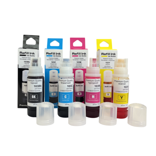 Набір контейнерів з чорнилом Premium Quality для Epson L11050/L1250/L3201/L3210/L3250/L3251/ L3260/L3266/L3560/L5290/L5590 /L1110/L3100/L3101/L3110/L3111/L3150/L3151/L3156/ L3160/L3200/L3256/L3550/L5190 103 (B/C/M/Y) 4х70ml C13T00S64A